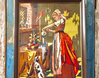 Vintage Needlepoint Tapestry; Woman with Parrot