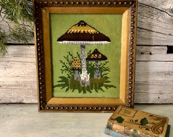 Vintage mushroom needlepoint, framed under glass