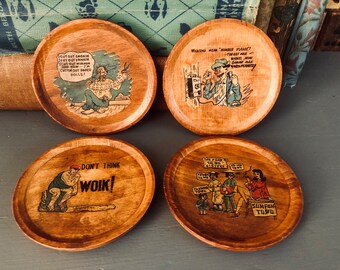 Vintage wooden comical coasters made in Japan