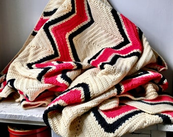 Vintage crochet chevron blanket, 106"x50"