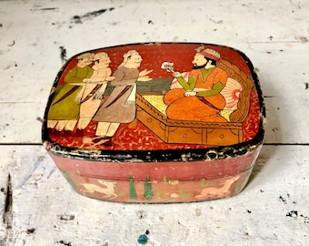 Vintage Kashmiri papier mache box with a hand-painted Mughal court and jungle scene