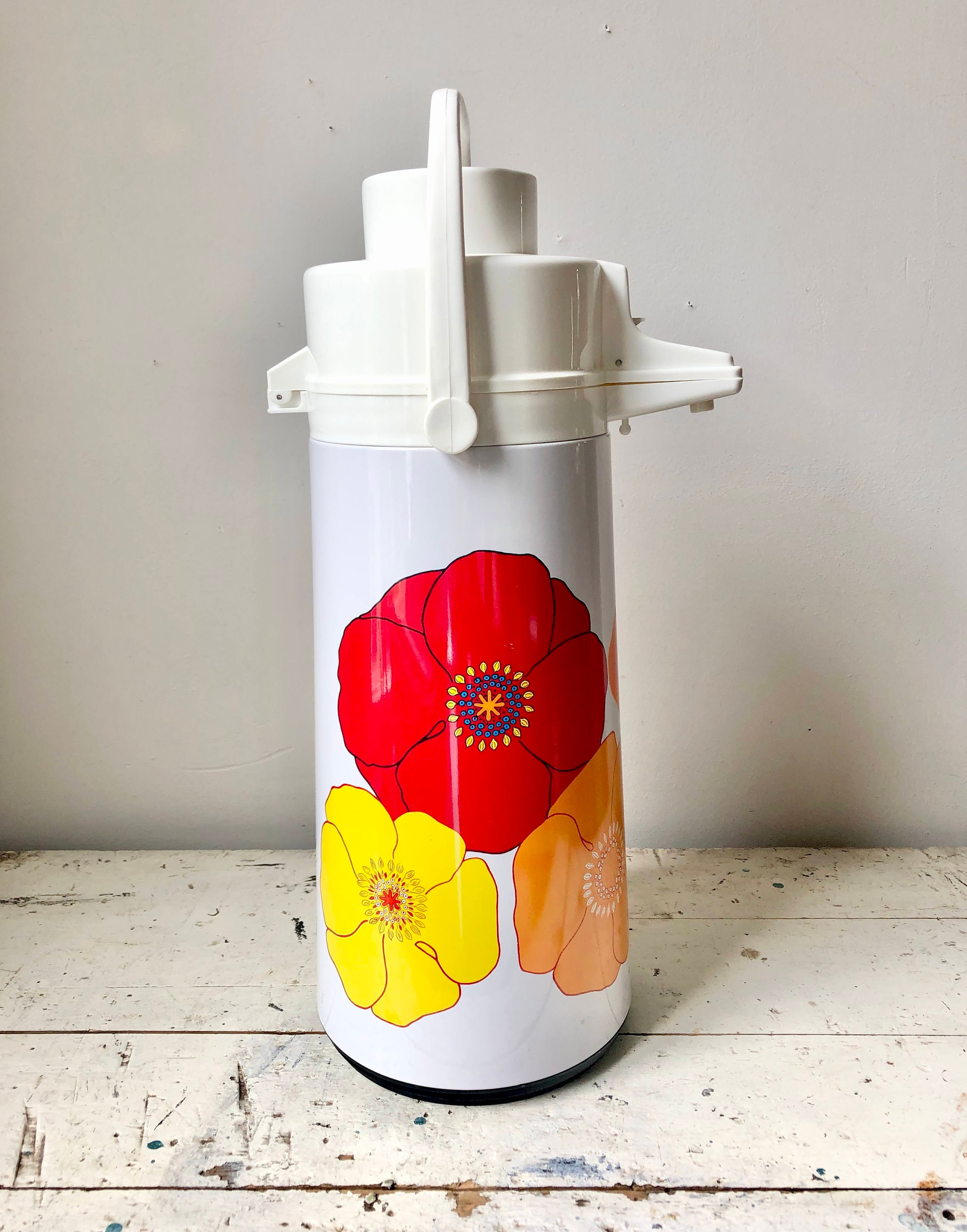 Vintage Phoenix Pump Thermos With Flower-power Pattern 