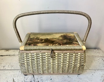 Vintage sewing basket with silk Old Master landscape lid