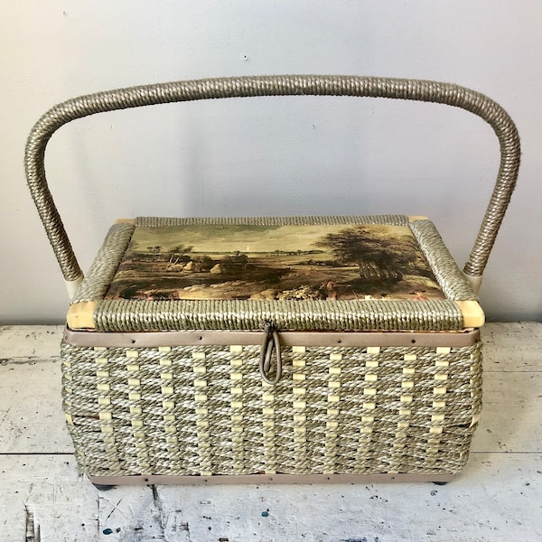 Vintage sewing basket with silk Old Master landscape lid