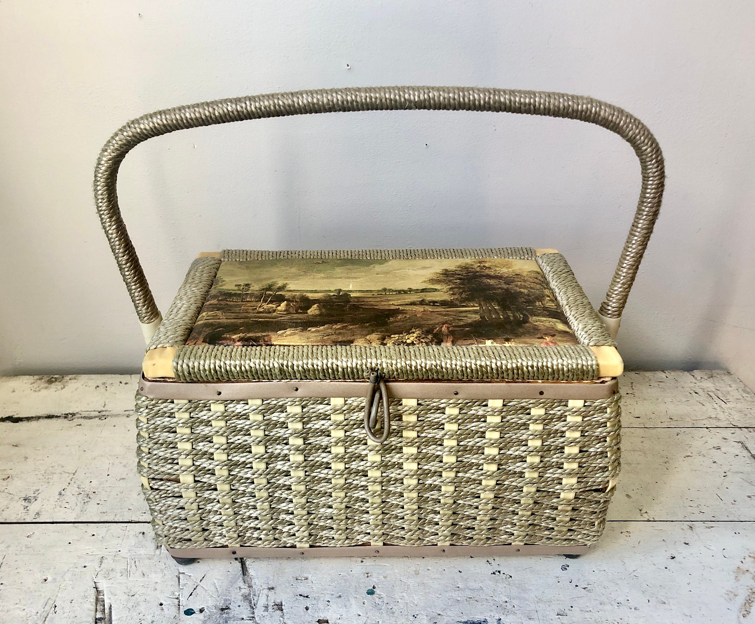 Vintage Sewing Basket With Silk Old Master Landscape Lid Etsy Canada