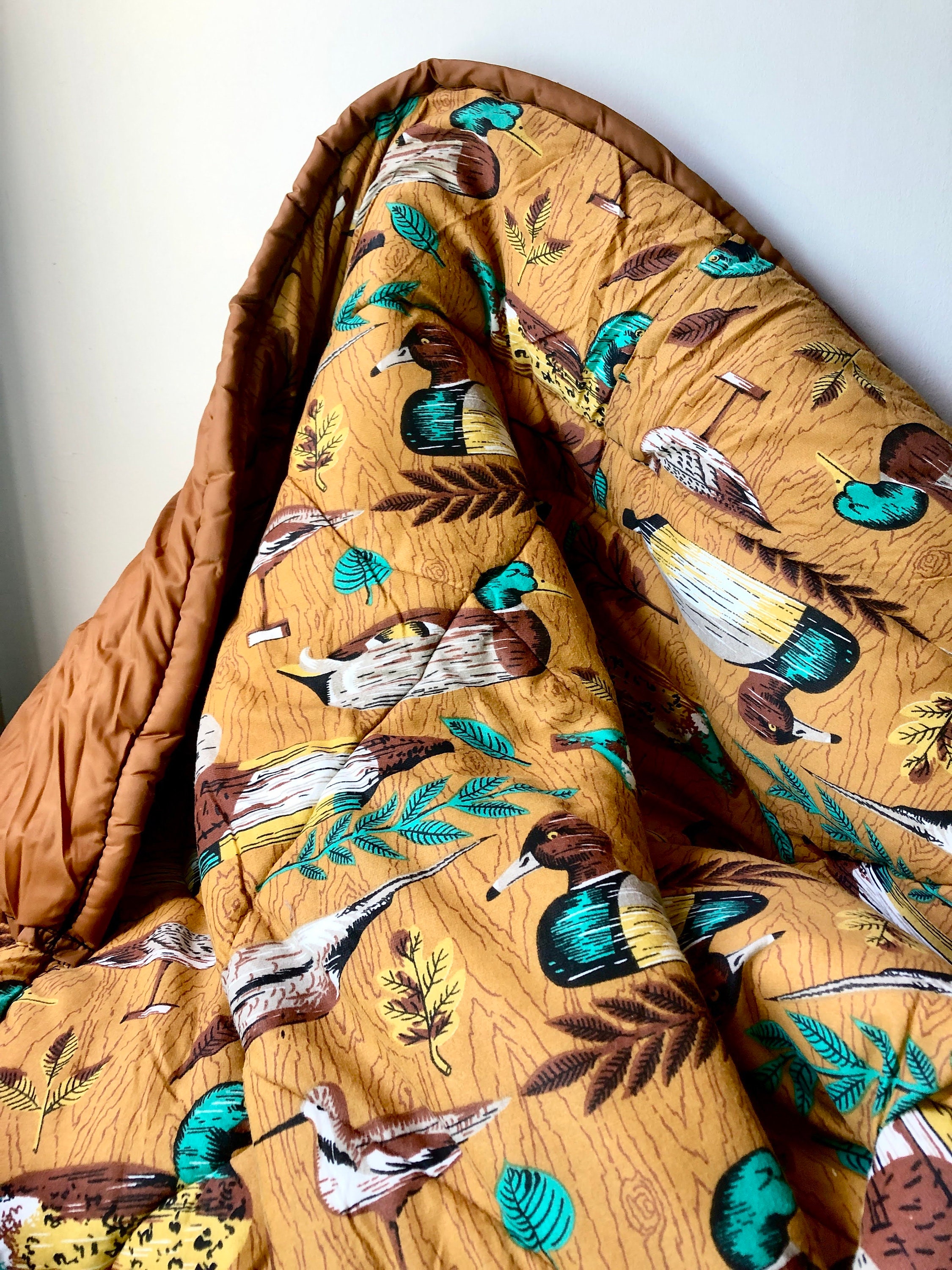 Vintage Sleeping Bag With Wood-grain and Mallard Duck Interior