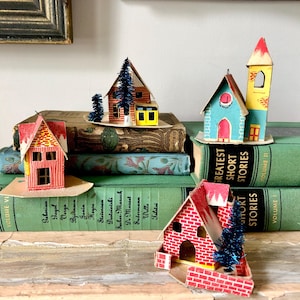 Collection of 4 vintage cardboard Putz houses; Made in Japan