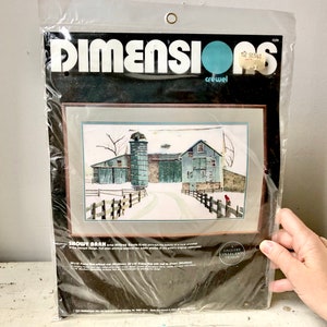 1987 Dimensions crewel kit; Snowy Barn by Mildred Sands Kratz