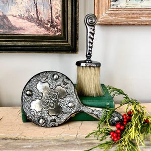 Vintage silver vanity set, mirror and clothes brush