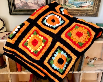 Vintage handmade crochet granny square blanket; 74 x 56"