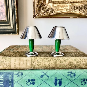 Vintage lamp salt and pepper shakers with metallic shades; Made in Japan