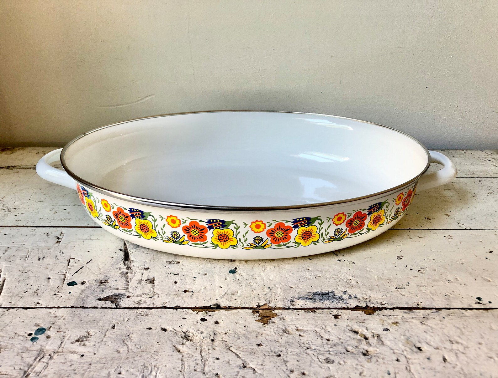 Vintage Enamelware Open Roasting Pan With Flowerpower Design Etsy