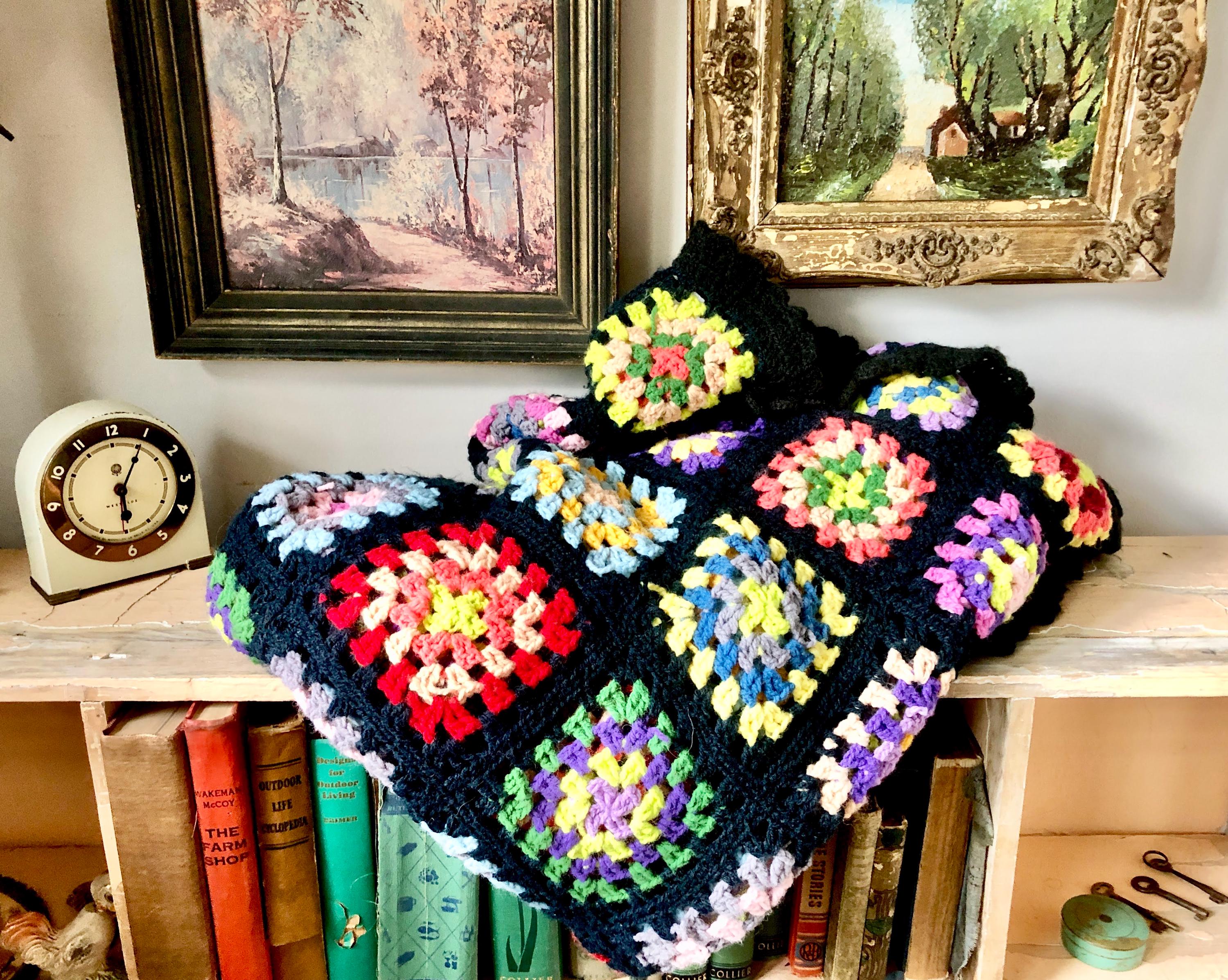 Vintage Handmade Granny Square Crochet Blanket; 50x73