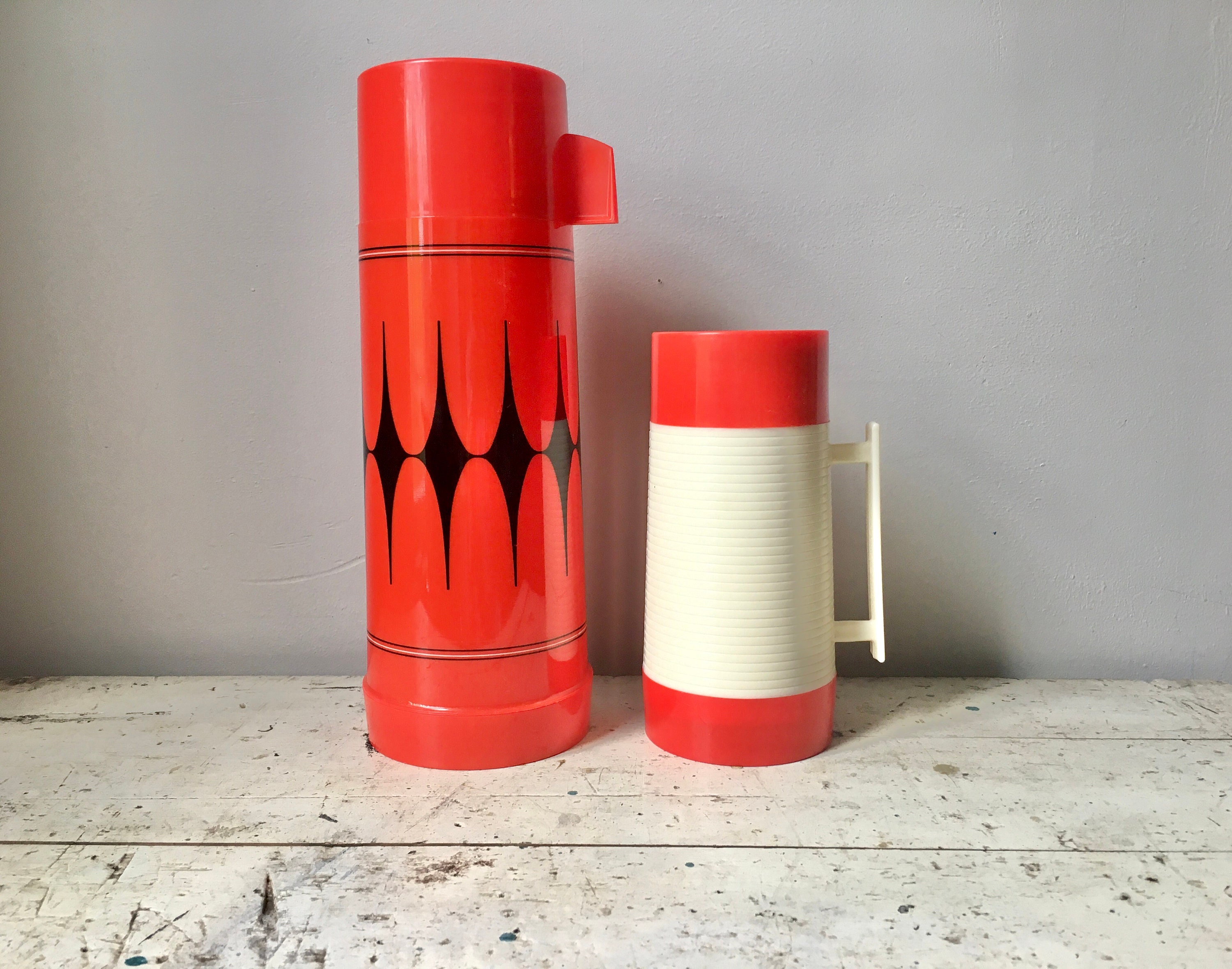 Pair Vintage Thermos Wide Bottom Red Insulated Travel Mug Camp