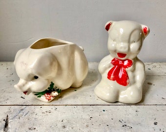 Vintage keramisch paar feestelijke varkens; plantenbak en spaarpot