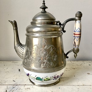 Antique etched pewter and enamelware teapot