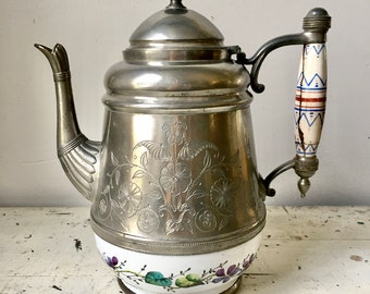 Antique etched pewter and enamelware teapot