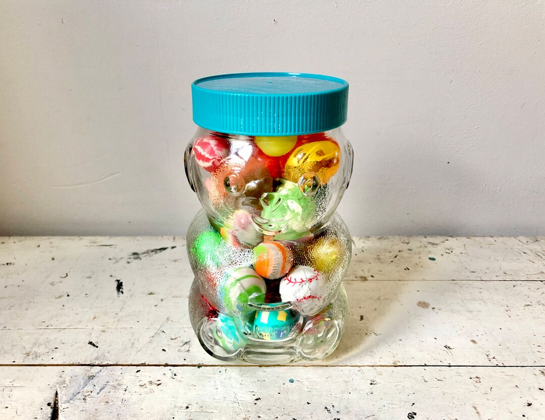 Bear Full of Bouncy Balls Vintage Skippy Jar and Vintage Rubber Balls