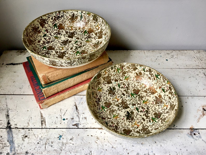 Two vintage Japan Paper mâché bowls birds and flowers image 1