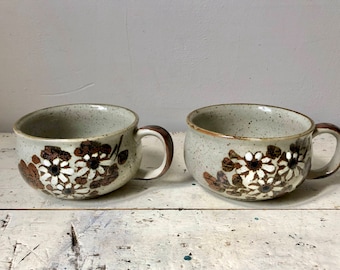 Vintage studio pottery stoneware soup mugs; floral design