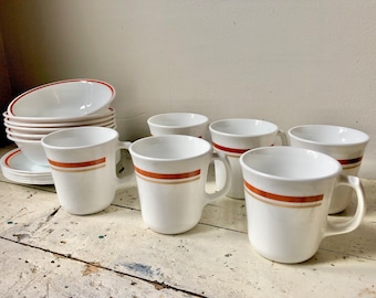Vintage Corelle Corning retro-striped dish set; 18 pieces