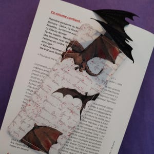 Peut inclure: Un marque-page rectangulaire en tissu avec un fond crème, une écriture manuscrite rouge et des illustrations de dragons bruns. Le marque-page est surmonté d'une aile de dragon noire en trois dimensions qui dépasse du bord supérieur de la page.