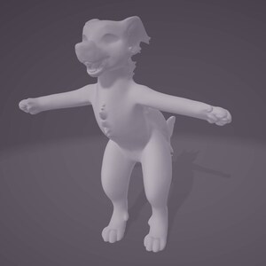 May include: A 3D-rendered, light-colored dog-like creature with outstretched arms and a slightly open mouth. The figure has a smooth texture and is posed as if in motion, with a small tail and visible paws.