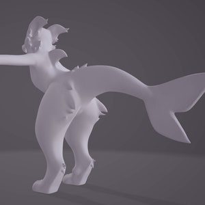May include: A 3D-rendered sculpture of a mythical creature, a hybrid of a feline and a fish. The figure is a solid, light gray color, with a cat-like head and forelimbs, and a fish tail. The creature is posed mid-stride, with one arm extended.