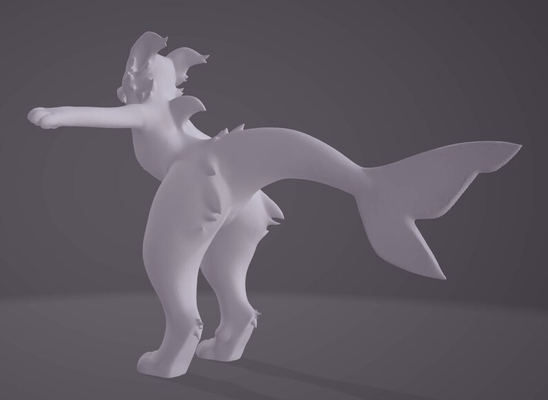 May include: A 3D-rendered sculpture of a mythical creature, a hybrid of a feline and a fish. The figure is a solid, light gray color, with a cat-like head and forelimbs, and a fish tail. The creature is posed mid-stride, with one arm extended.