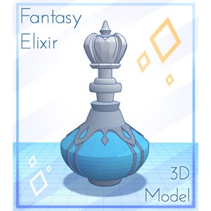 Könnte beinhalten: Ein 3D-Modell einer blauen Fantasy-Elixierflasche mit einem silbernen Kronenverschluss. Die Flasche hat ein dekoratives Design und ist vor einem blau-weißen Gitterhintergrund platziert.