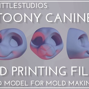 May include: A 3D rendering of a cartoon canine head in three views. The head is light blue with pink highlights, and the text reads "WITTLESTUDIOS TOONY CANINE 3D PRINTING FILE 3D MODEL FOR MOLD MAKING."