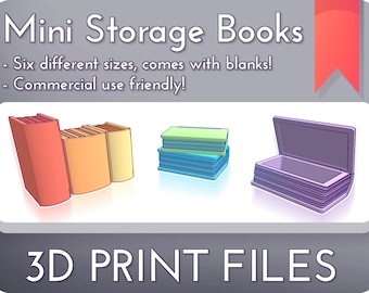 May include: Six different sizes of mini storage books, with open and closed lids, in red, orange, yellow, green, blue, and purple.  The text on the image reads "Mini Storage Books - Six different sizes, comes with blanks! - Commercial use friendly! 3D PRINT FILES".