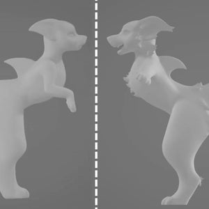 May include: A light gray sculpture of a mythical creature, a hybrid of a dog and a fish. The creature has a dog-like head, a dorsal fin, and a fish tail. The sculpture is in a standing pose.