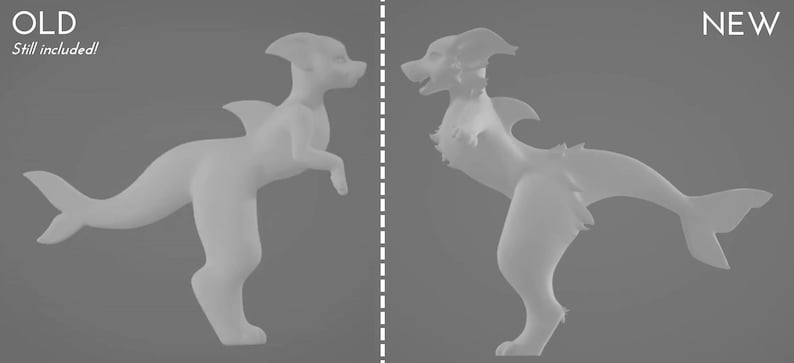 May include: A light gray sculpture of a mythical creature, a hybrid of a dog and a fish. The creature has a dog-like head, a dorsal fin, and a fish tail. The sculpture is in a standing pose.