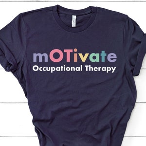 May include: A navy blue t-shirt with the text "motivate Occupational Therapy" in colourful letters.