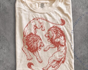 Vintage Lions Fighting Tee, Wild Big Cat Engraved Style Shirt, Retro Jungle Wildlife Snarling Battle, Comfort Colors Animal Gift / GBD3046