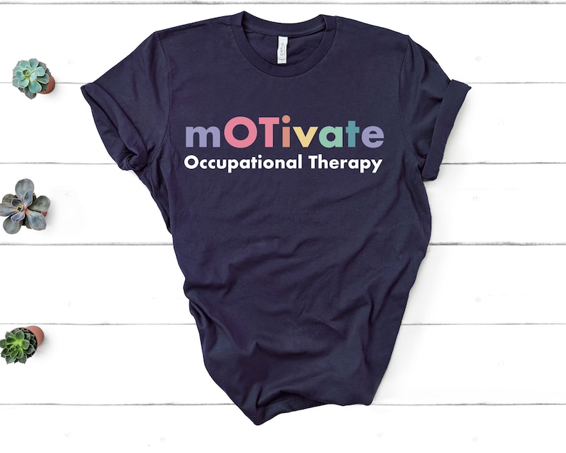 May include: A navy blue t-shirt with the text "motivate Occupational Therapy" in colourful letters.