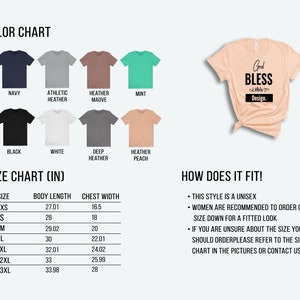 Pode incluir: Carta de cores mostrando diferentes cores de camiseta, incluindo azul marinho, cinza atl&eacute;tico, malva mesclado, menta, preto, branco, cinza mesclado escuro e p&ecirc;ssego mesclado. Tabela de tamanhos em polegadas com medidas de comprimento do corpo e largura do peito para os tamanhos XS, S, M, L, XL, 2XL e 3XL. O texto diz "God Bless thy Design."