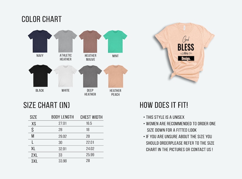 Pode incluir: Carta de cores mostrando diferentes cores de camiseta, incluindo azul marinho, cinza atl&eacute;tico, malva mesclado, menta, preto, branco, cinza mesclado escuro e p&ecirc;ssego mesclado. Tabela de tamanhos em polegadas com medidas de comprimento do corpo e largura do peito para os tamanhos XS, S, M, L, XL, 2XL e 3XL. O texto diz "God Bless thy Design."