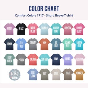 以下が含まれることがあります： Comfort Colors 1717半袖Tシャツのカラーチャート。ベリー、ブラック、ウォーターメロン、シャンブレー、ミント、クリムゾン、クランチベリー、デニム、ブルー、グラナイト、ヤム、アイスブルー、リーフ、ラグーン、ライトグリーン、ペッパー、サーモン、シーフォーム、ネイビー、バイオレット、ブロッサム、ブルージーン、グレー、アイボリー、カーキ、モナークなど、28種類のTシャツアイコンが表示されています。
