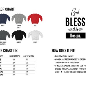 Puede incluir: Carta de colores que muestra diferentes colores de una sudadera, incluyendo azul marino, gris deportivo, rojo, gris oscuro jaspeado, negro y blanco. Tabla de tallas en pulgadas con medidas de longitud del cuerpo y ancho del pecho para las tallas S, M, L, XL, 2XL y 3XL. El texto dice "God Bless this Design."