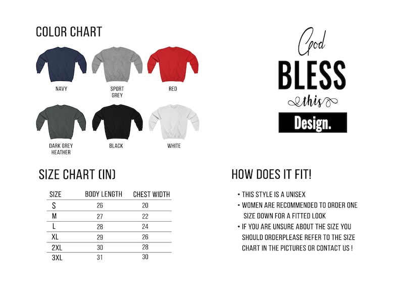 Puede incluir: Carta de colores que muestra diferentes colores de una sudadera, incluyendo azul marino, gris deportivo, rojo, gris oscuro jaspeado, negro y blanco. Tabla de tallas en pulgadas con medidas de longitud del cuerpo y ancho del pecho para las tallas S, M, L, XL, 2XL y 3XL. El texto dice "God Bless this Design."