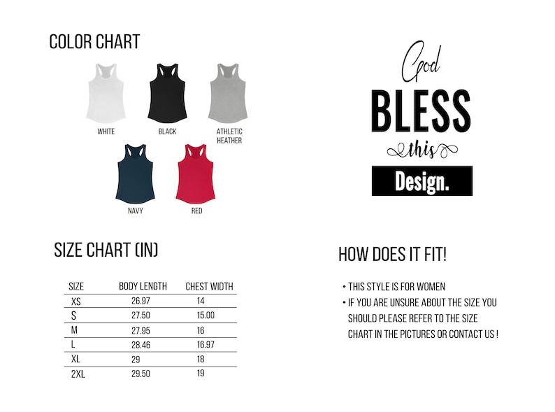 May include: Size chart for a tank top with measurements in inches. The tank top is available in white, black, navy, red, and athletic heather. The text "God Bless this Design." is displayed on a white background.