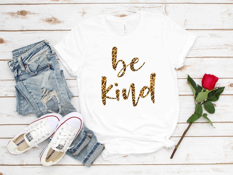 Leopard Print 'Be Kind' T-Shirt, Inspirational Women's Tee Solid White Blend