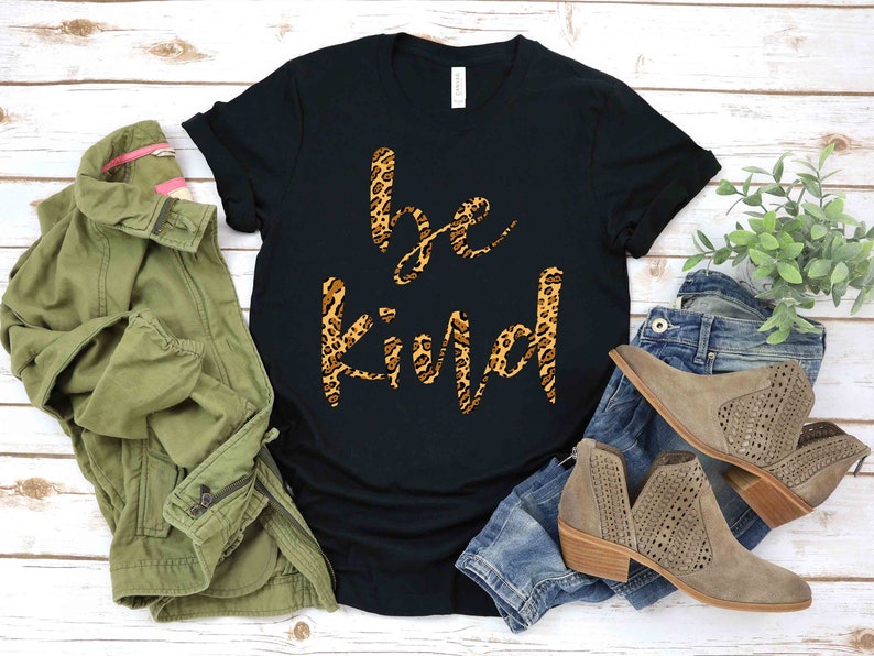 Leopard Print 'Be Kind' T-Shirt, Inspirational Women's Tee Black