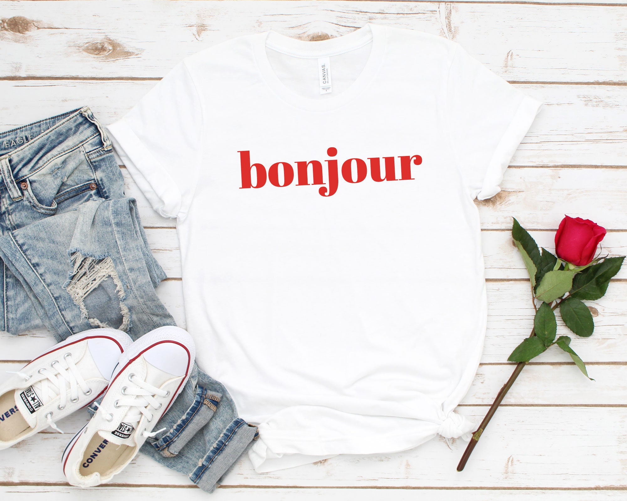 Bonjour! Graphic T-Shirt With Lips And Rose Images Bonjour! Graphic T-Shirt With Lips And Rose Images