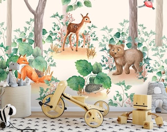 Forest Animals Kids Room Wallpaper | Kids Room Mural | Wall Decoration | Kid Interior | Wall Poster | Deer and Fox Wallpaper | Nursery Wall