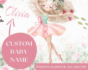 CUSTOM Name Wallpaper | Personalised GIFT Idea | Pastel Pink Ballerina | Pastel Girls Room Decor | Flowers Floral Wall MURAL |