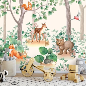 Forest Animals Kids Room Wallpaper | Kids Room Mural | Wall Decoration | Kid Interior | Wall Poster | Deer and Fox Wallpaper | Nursery Wall