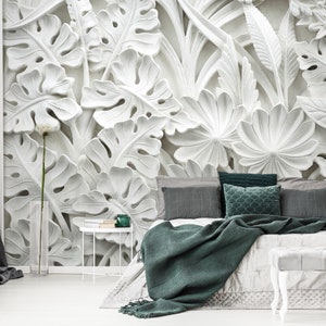 3D Effect Wall Mural Wallpaper | Relievo 3D Mural | Cream LEAVES Wallpaper | Interior Design | Wall Poster | Print for Wall | Vinatge Wall